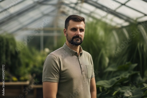 Portrait of handsome bearded man looking at camera while standing in greenhouse