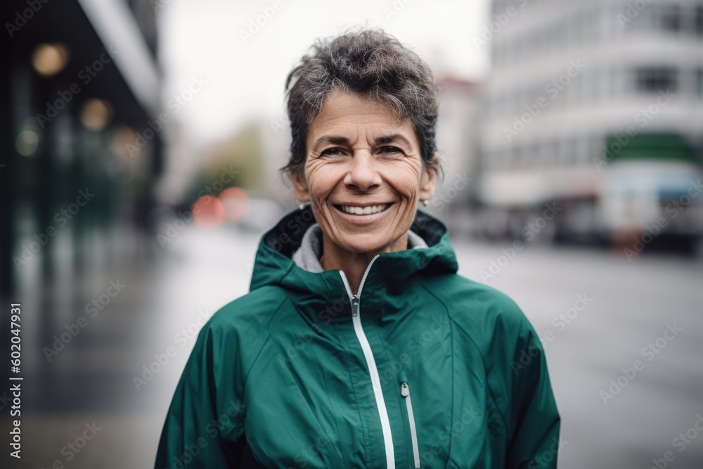 Portrait of a smiling senior woman in a green jacket on the street
