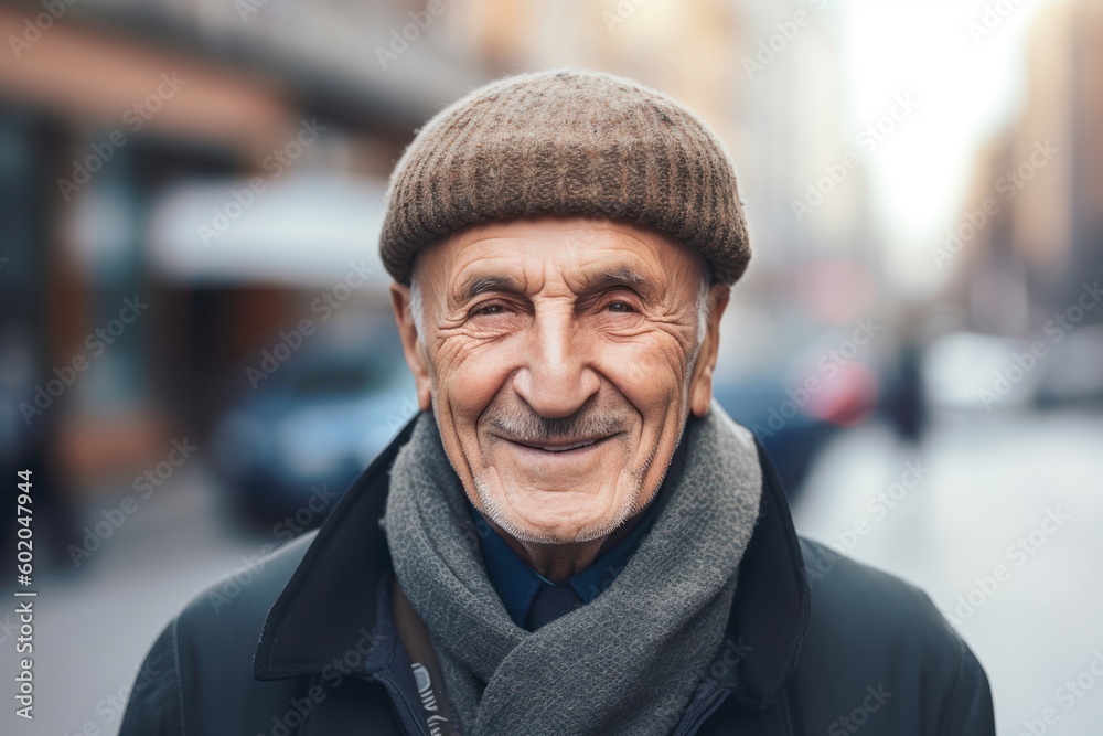 Portrait of senior man with hat and scarf in the city. Portrait of senior man with hat and scarf in the city.