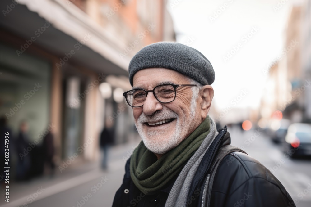 Portrait of an old man with glasses and a cap in the city Portrait of an old man with glasses and a cap in the city