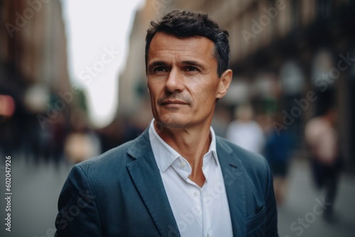 Portrait of handsome middle-aged man in a city street.
