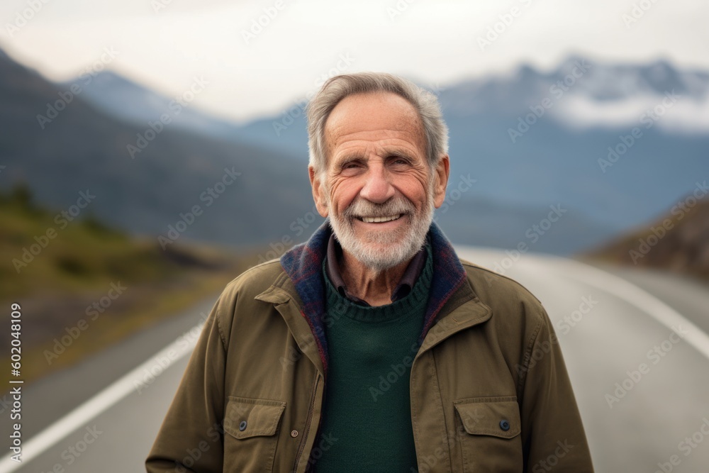 Portrait of senior man standing on the road with mountains in the background
