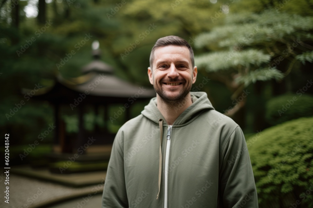 Portrait of a smiling man in a Japanese garden. Selective focus.