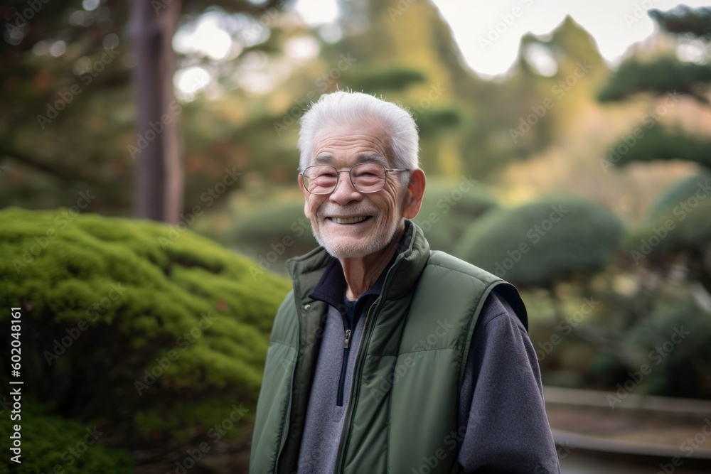 Portrait of senior Japanese man smiling at the camera in the garden Portrait of senior Japanese man smiling at the camera in the garden