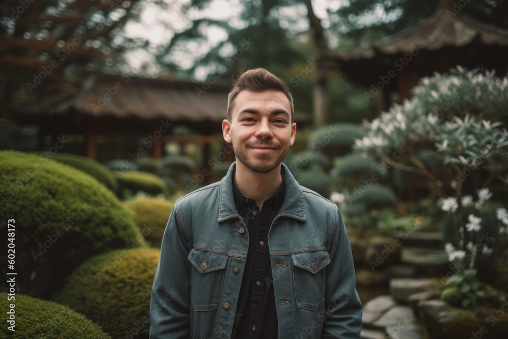 Portrait of a handsome young man in a Japanese garden. Young man in a Japanese garden. Portrait of a handsome young man in a Japanese garden. Young man in a Japanese garden.