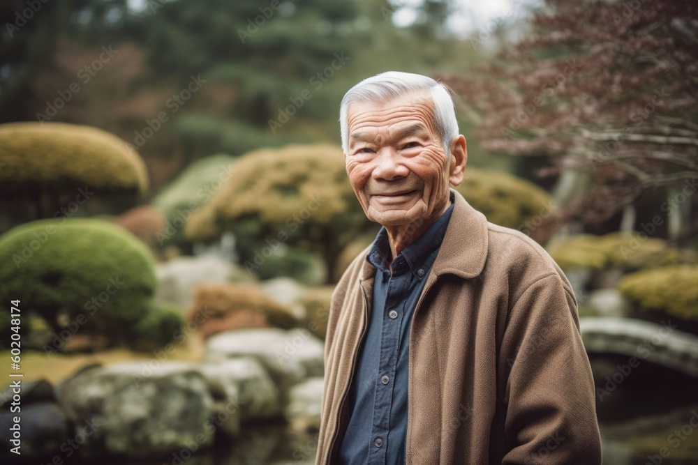 Portrait of asian senior man in japanese garden. Portrait of asian senior man in japanese garden.