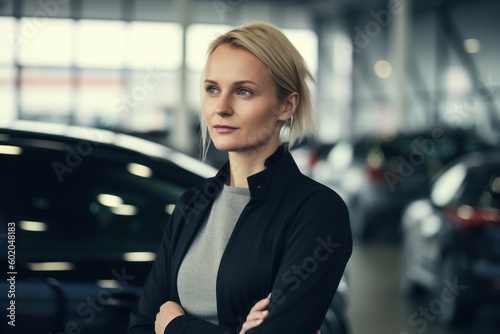 Portrait of confident businesswoman standing with crossed arms in car salon