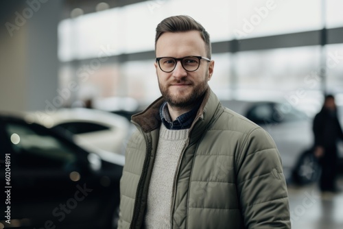 Portrait of a handsome man in a coat and glasses standing in a car showroom.