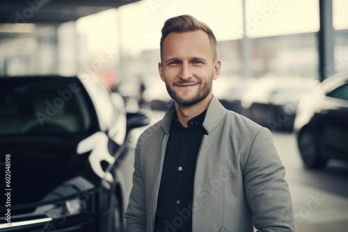 Handsome young man standing in a car dealership and smiling. © Robert MEYNER