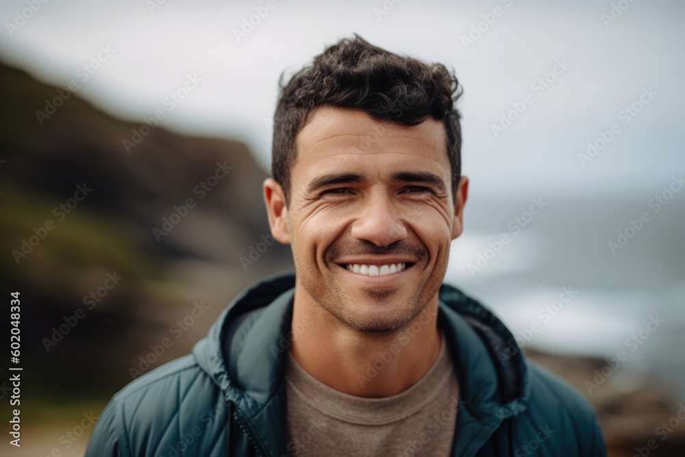 Close up portrait of a handsome young man smiling and looking at the camera on the beach Close up portrait of a handsome young man smiling and looking at the camera on the beach