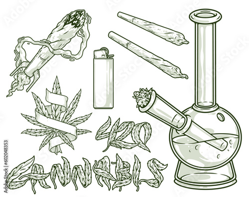Marijuana cannabis monochrome set logotype