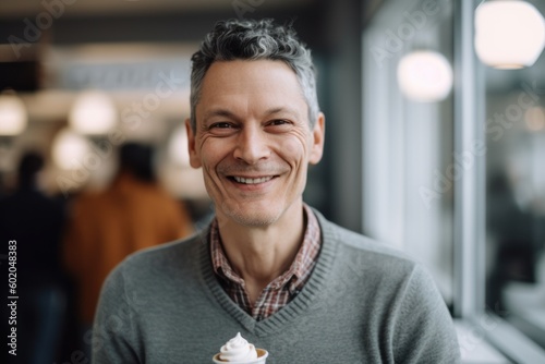 Portrait of happy mature man looking at camera and smiling while standing in cafe
