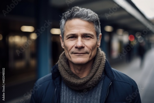 Portrait of a handsome middle-aged man with grey hair and gray eyes, wearing a blue jacket and gray scarf, standing in an underground metro station.