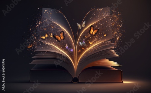 A book with a glowing pages and butterflies flying around it. © aimart