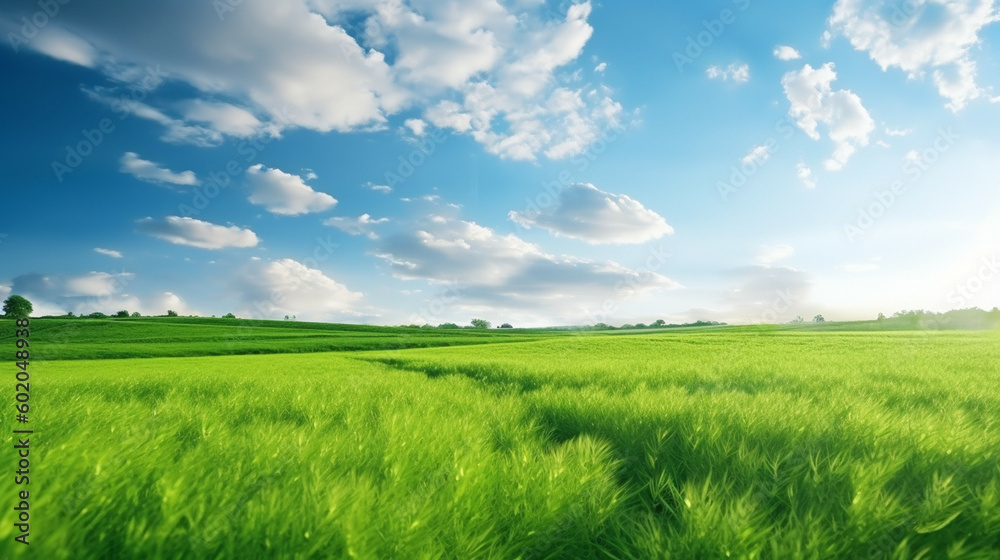 Fototapeta premium Green field and blue sky with clouds. Beautiful 3d rendering nature background for copy space.