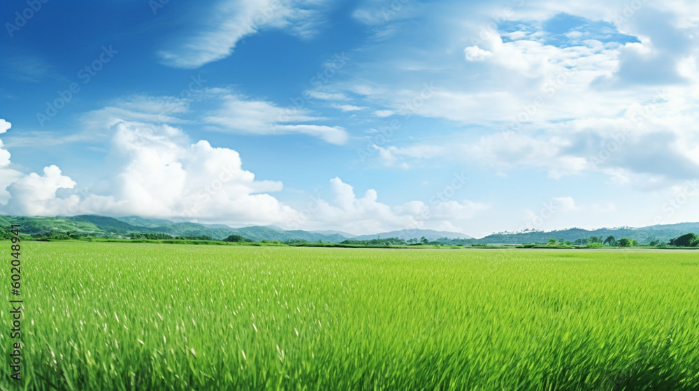 Obraz premium Zielone pole i błękitne niebo z chmurami. Piękne 3d renderowanie tła natury dla przestrzeni kopiowania.
