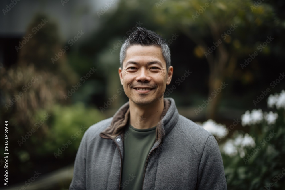 Portrait of a handsome asian man smiling at camera in the garden Portrait of a handsome asian man smiling at camera in the garden