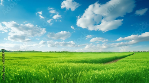 Green field and blue sky with clouds. Beautiful  3d rendering nature background for copy space. © Emmy Ljs