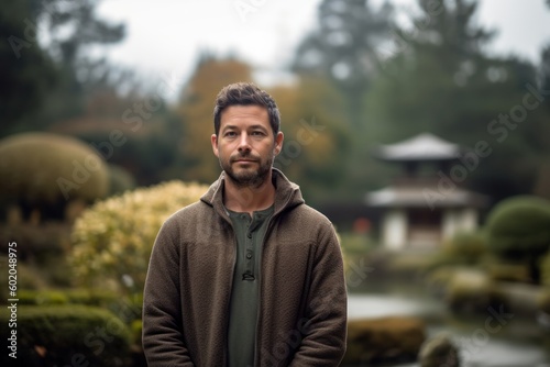 Portrait of a handsome man in a Japanese garden, wearing a brown coat