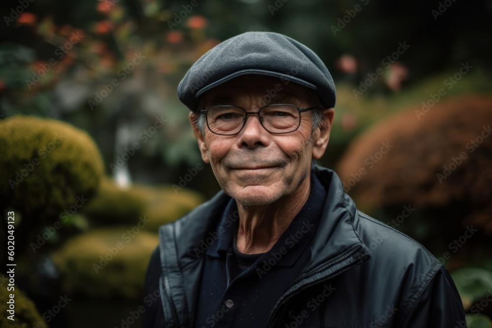 Portrait of an old man with glasses and a cap in the garden Portrait of an old man with glasses and a cap in the garden