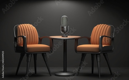 A microphone and two chairs are next to each other in front of a black background.