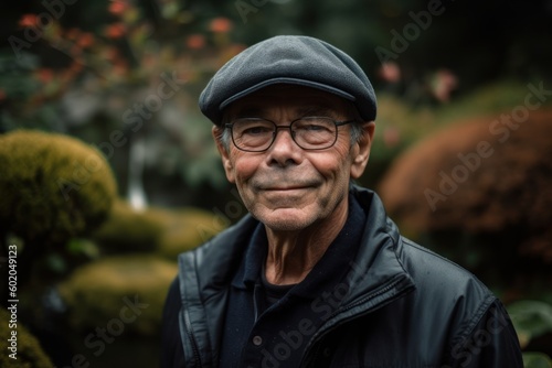 Portrait of an old man with glasses and a cap in the garden