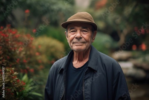Portrait of a senior Asian man wearing a hat in the garden.
