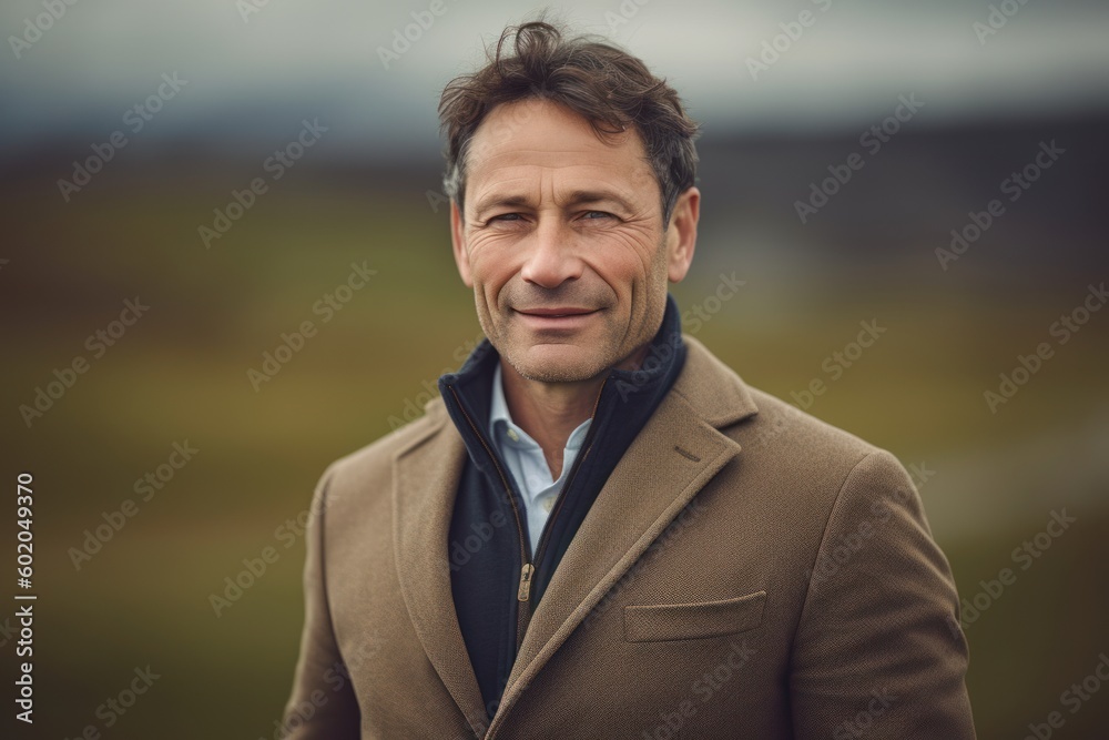 Portrait of a handsome middle-aged man in a brown coat on the countryside Portrait of a handsome middle-aged man in a brown coat on the countryside