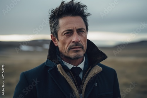 Portrait of a handsome mature man in a coat and with a hood.