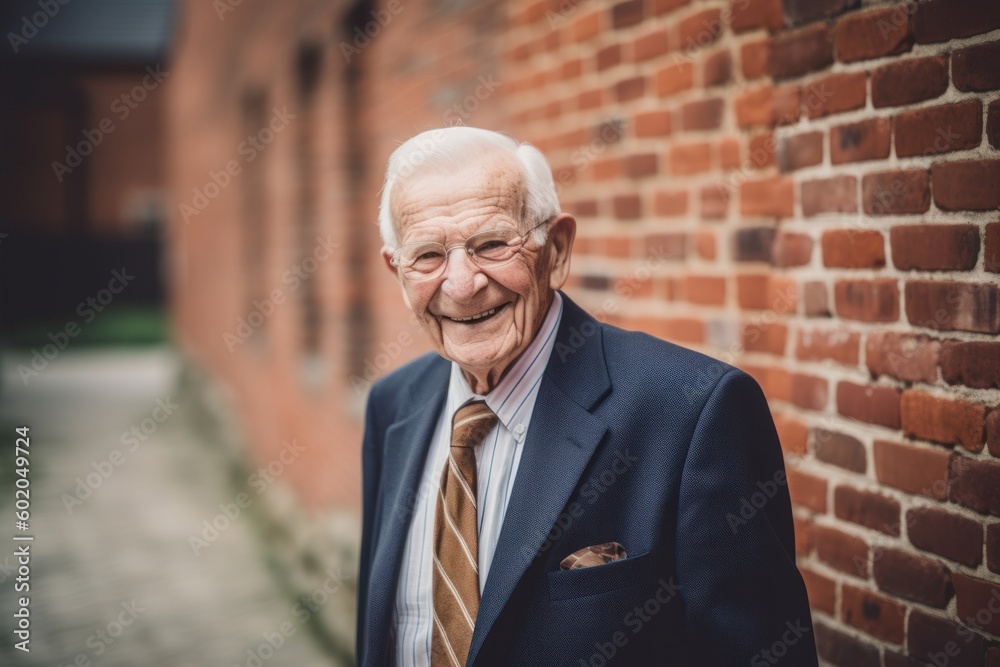 Portrait of smiling senior businessman standing in front of a brick wall