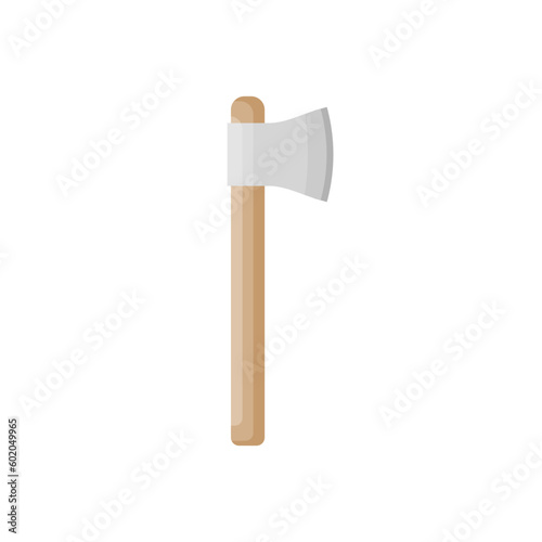 Axe with wooden handle isolated on white background. Cartoon item for camping. Flat tool for logging. Simple vector illustration