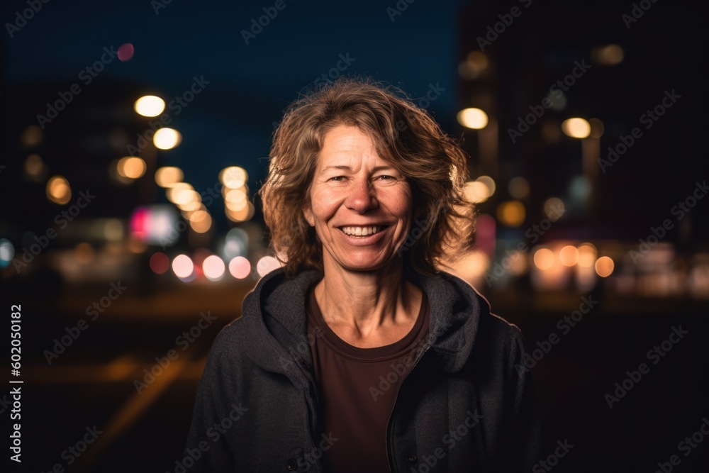 Fototapeta premium Portrait of a beautiful middle-aged woman in the city at night