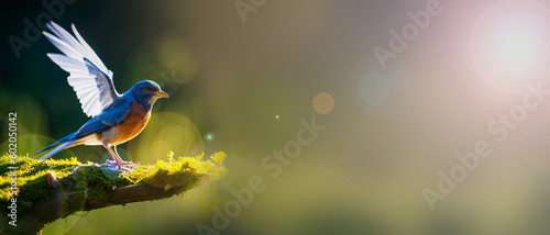 Natural background and a small blue bird perched on a branch with a small moss tree, covered in the forest by water against the yellow light of the background of the spring morning sun. 3D rendering