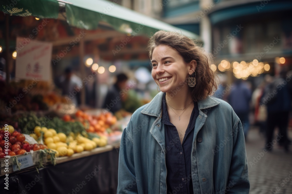 Full-length portrait photography of a pleased woman in her 30s wearing a denim jacket against a food market or street food background. Generative AI