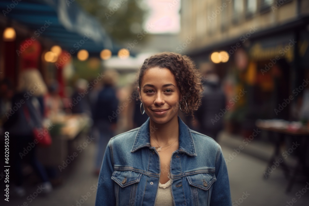 Fototapeta premium Portrait of a beautiful young african american woman with curly hair, wearing a denim jacket, standing in a street cafe.