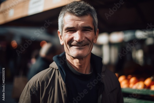 Portrait of a smiling middle-aged man at the market.