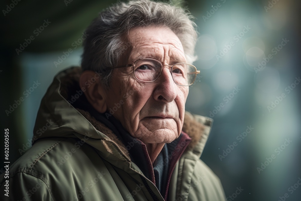 Portrait of an elderly man with glasses on a cold winter day