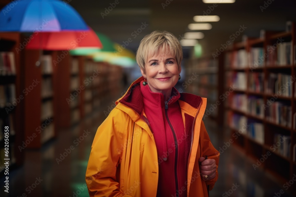 Portrait of smiling mature woman standing in library against bookshelves
