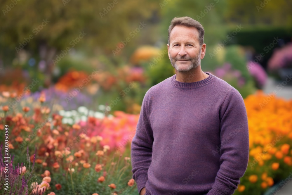 Portrait of a handsome mature man standing in a flower garden.