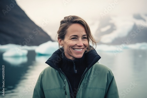 Medium shot portrait photography of a pleased woman in her 30s wearing a chic cardigan against an iceberg or arctic background. Generative AI
