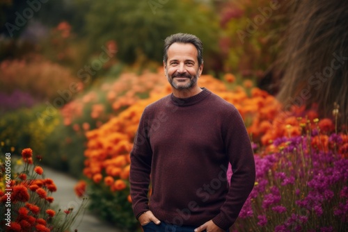 Portrait of a handsome middle-aged man standing in a flower garden. © Robert MEYNER