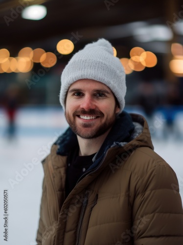 Portrait of a smiling man in a winter hat and jacket on the ice rink