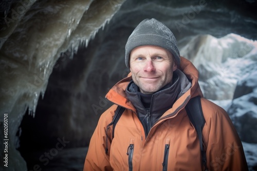 Portrait of a man in an orange jacket in the ice cave