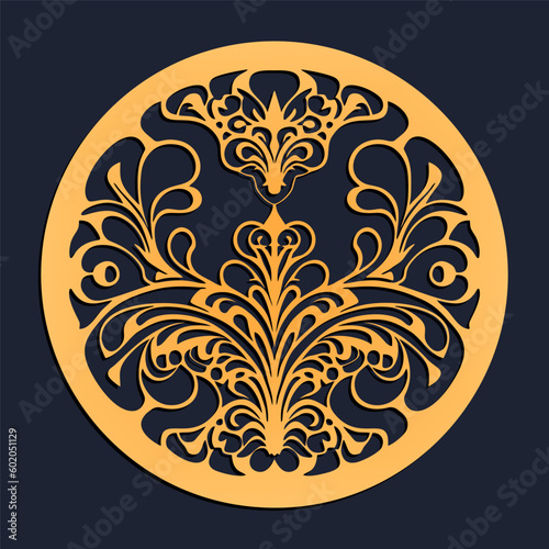 Golden ornament with bird and animal motifs, game asset, vector illustration.