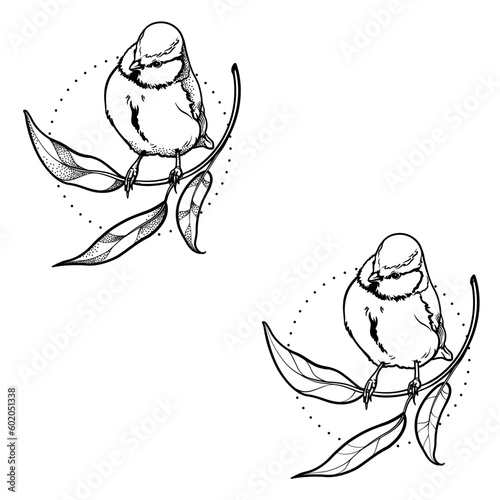 Vector illustration of a titmouse on a twig. A branch with leaves and a bird.