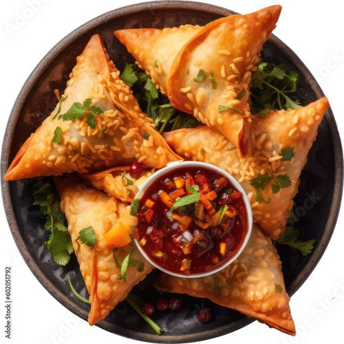 food plate with vegetarian indian samosas isolated on a transparent or white background as PNG, generative AI food