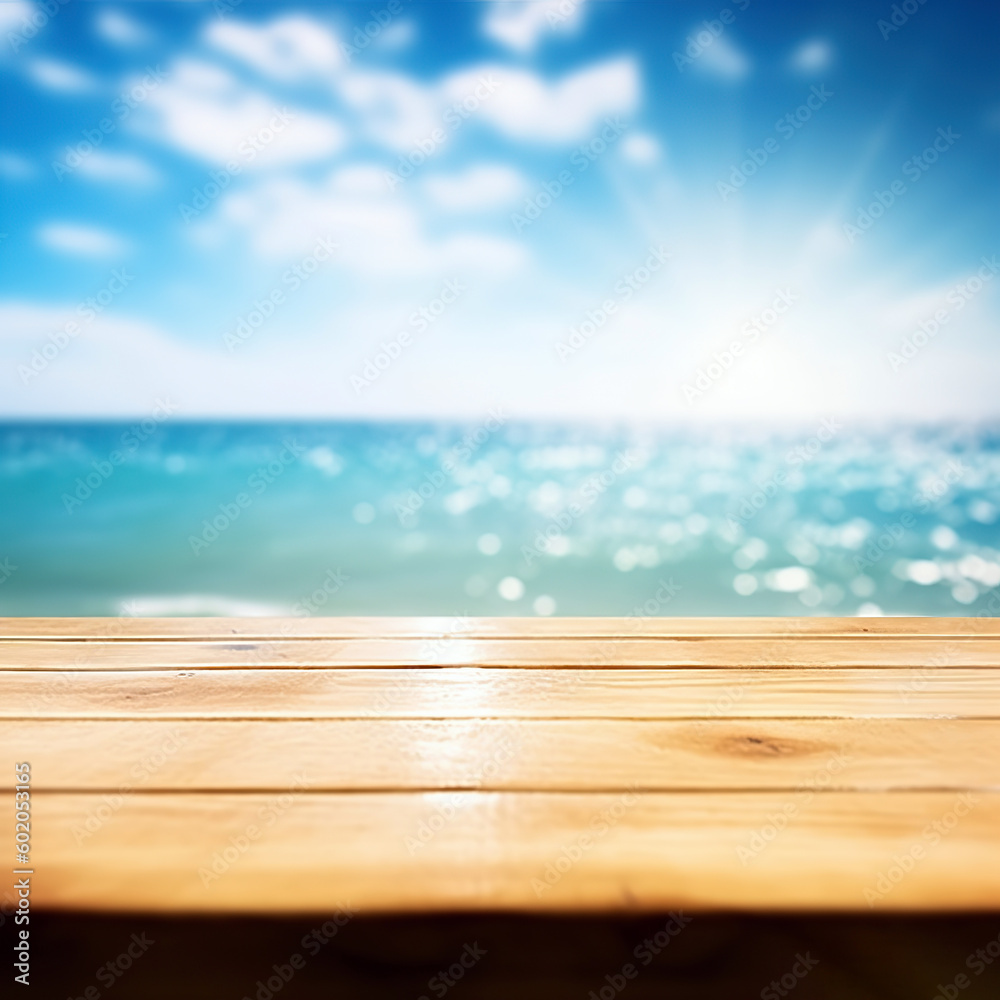Wood table top on blur sparkling sea water Wood table top on blur sparkling sea water