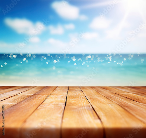 Wood table top on blur sparkling sea water