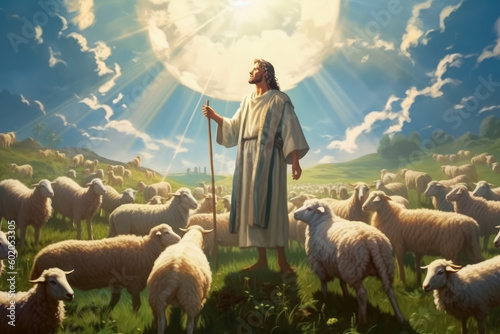 Image of Shepherd Jesus Christ leading the sheep and praying to God , Generative Ai Technology