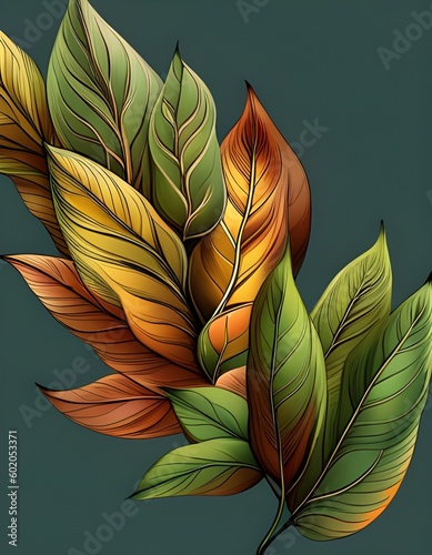 Green, gold and yellow leaves, green background, autumn colors, generative AI